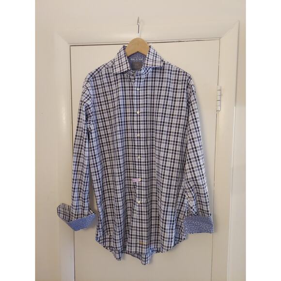 Thomas Dean Cotton Shirt Size L Blue Plaid Shirtmaker Flip Cuff Long Sleeve - Picture 2 of 7